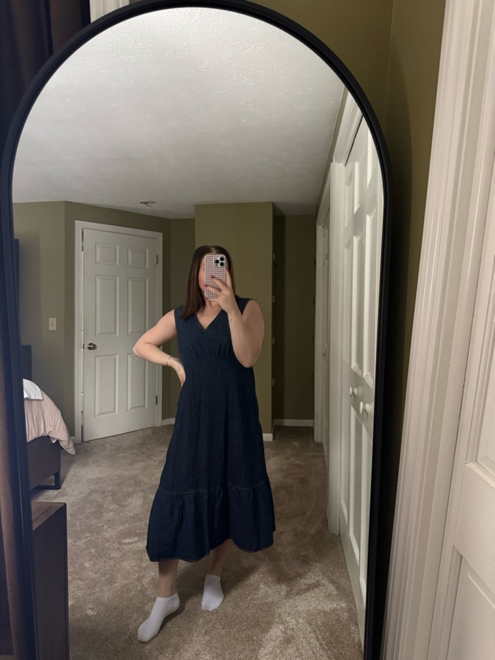 V-Neck Sleeveless Denim Midi Dress with Tiered Hem